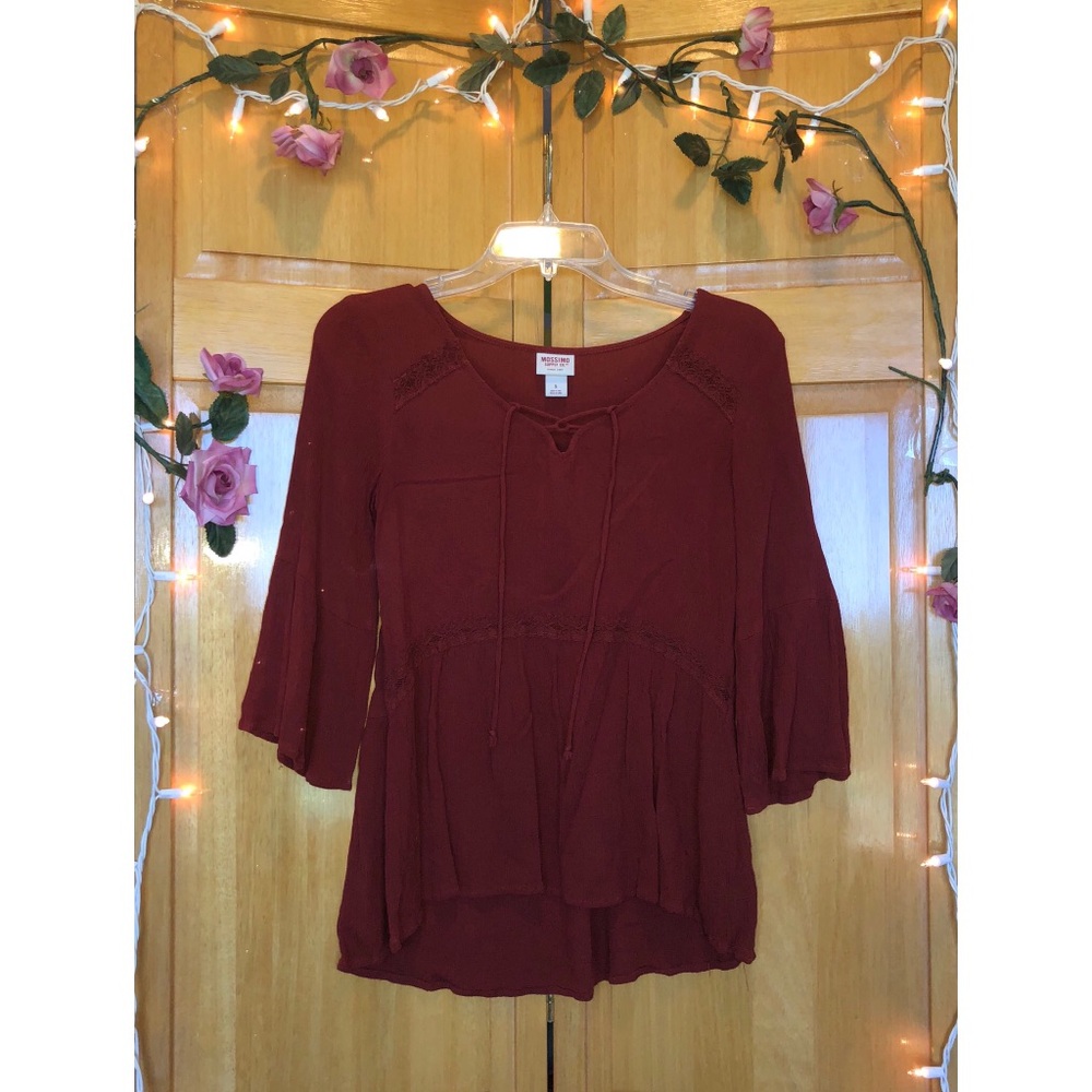 red lace up bell sleeve blouse